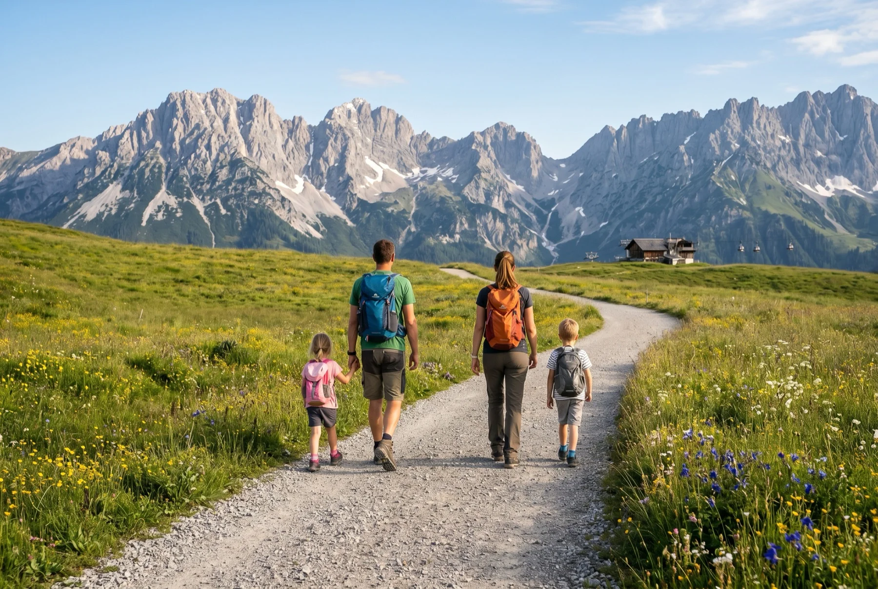 A family on a gentle alpine trail