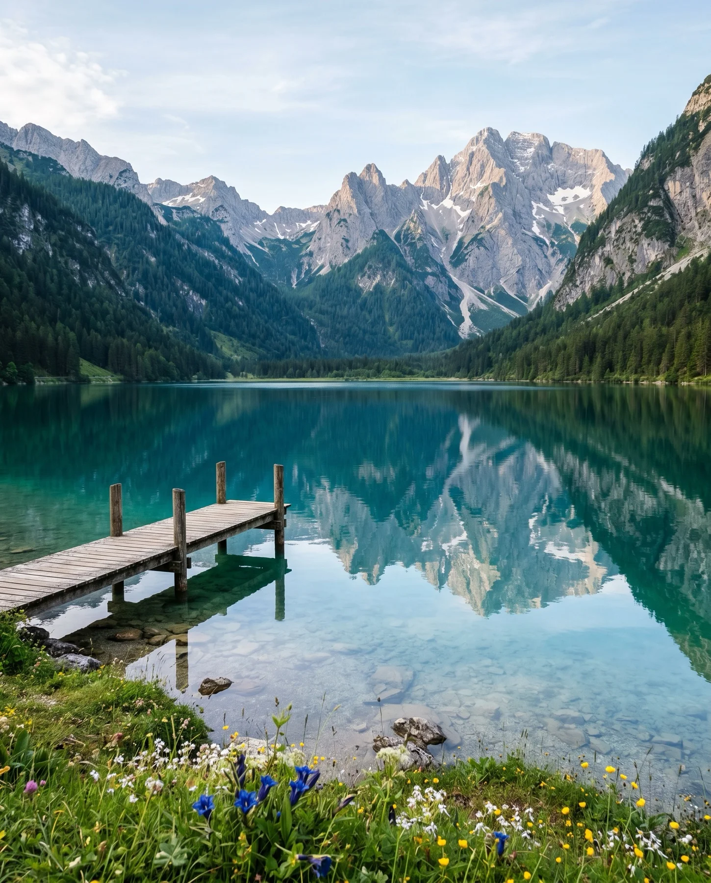 Wooden jetty over Achensee with peaks behind