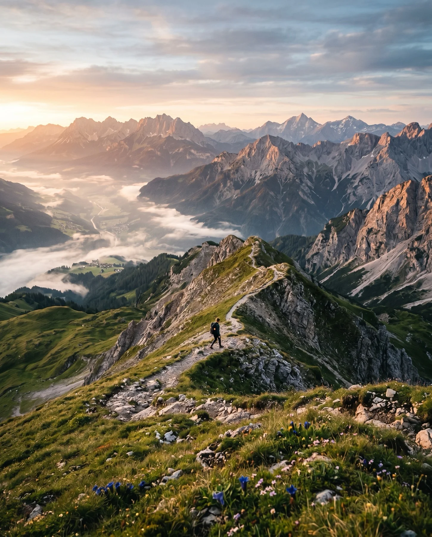 Solitary hiker on a ridge above a misty valley